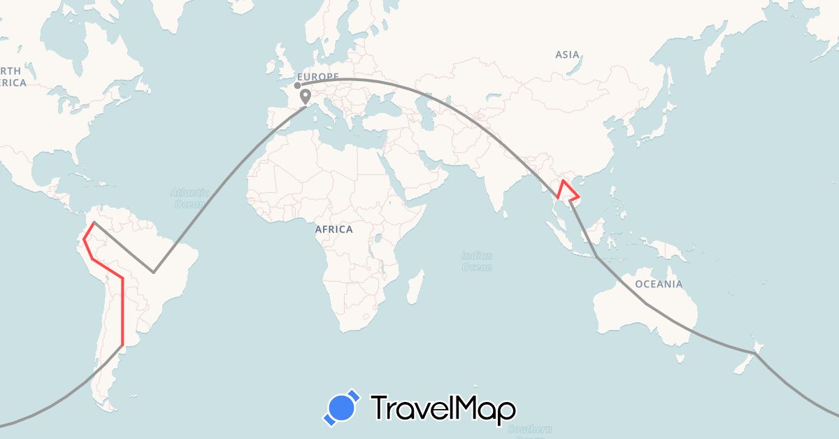 TravelMap itinerary: driving, plane, hiking in Australia, Bolivia, Brazil, Colombia, Ecuador, France, Indonesia, Cambodia, Laos, Nepal, New Zealand, Peru, Thailand, Vietnam (Asia, Europe, Oceania, South America)